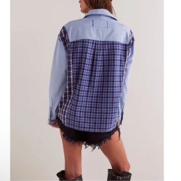 Free People We The Free Argyle Plaid Shirt Oversized Preppy Button size medium - Picture 2 of 9